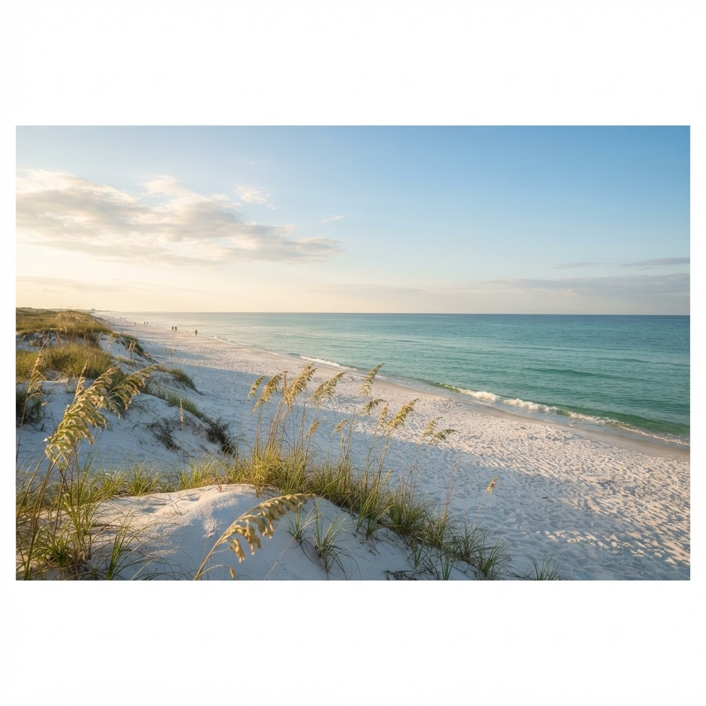 Sugar-white sand and emerald Gulf water at Miramar Beach, Florida