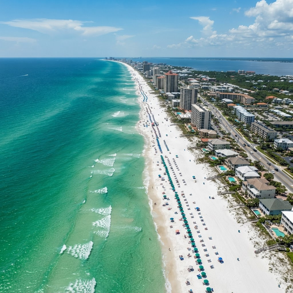 Aerial view of the Miramar Beach coastline with white sand and emerald Gulf water